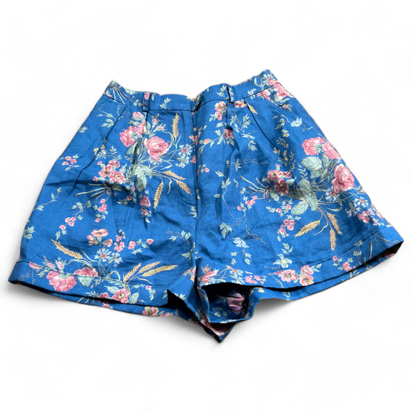 Vintage Lauren Ralph Lauren Linen Shorts Size 6 Blue Floral Print Pleated Front - Picture 1 of 9